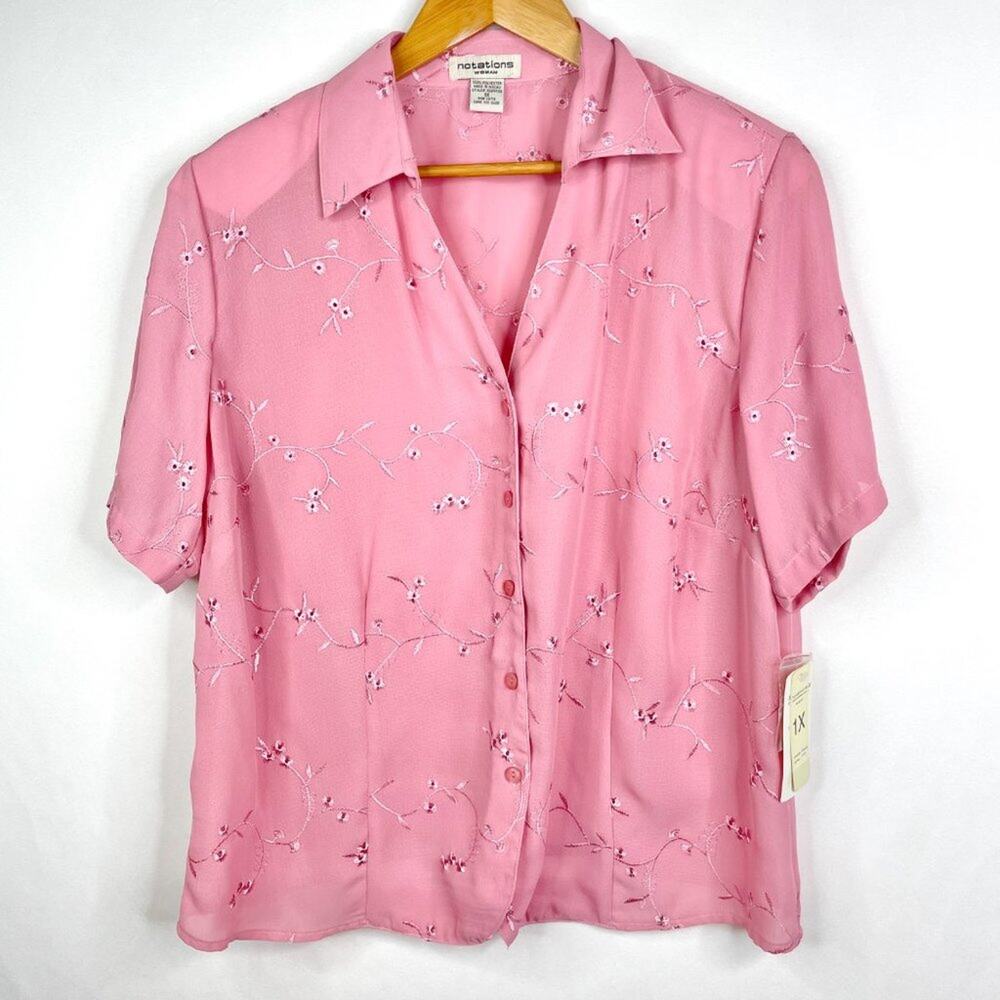 NWT Notations Woman Pink Eyelet Floral Collared Blouse 1X